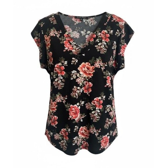 Sweet Rain Womens L Pullover Black Pink Floral Cap Sleeve V-Neck Top Blouse - Picture 1 of 3